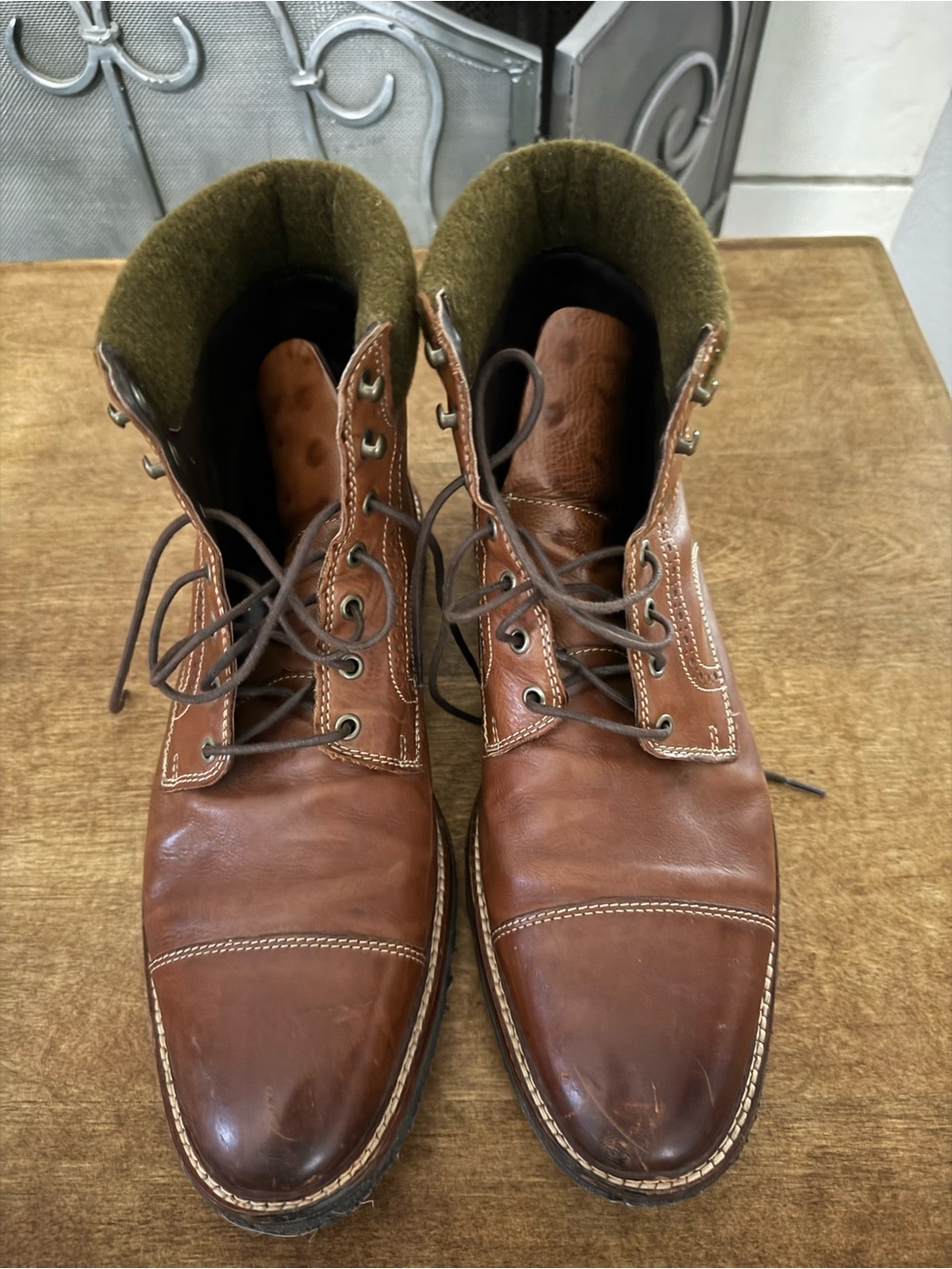 Men's Brown Leather Lace-Up Work Boots with Olive Collar
